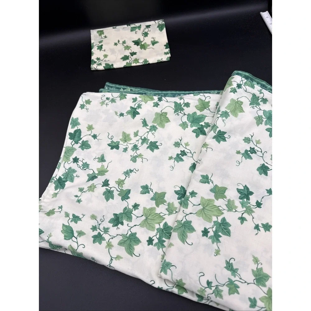 Vintage Tablecloth Repurposed From Twin Sheet, Napkins, Green Ivy
